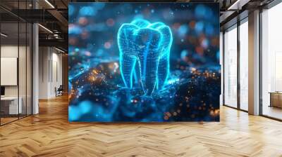 Futuristic glowing dental technology illustration featuring a holographic tooth in a digital environment with vibrant colors. Wall mural