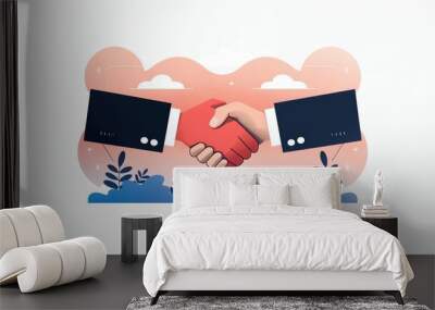 Illustrated handshake between two people in suits representing business agreement or partnership with a cloud background. Wall mural