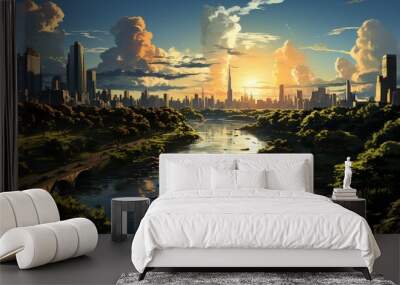 Imagine a futuristic landscape with two distant planets connected by a shimmering intricate network  Wall mural