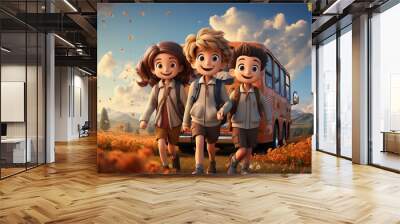 Joyful 3D cartoon school kids on a field trip bus and landmarks Wall mural