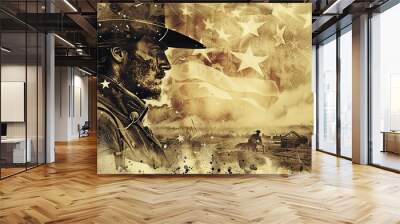 Poster of a historical event related to Independence Day Vintage style with sepia tones Central heroic figure and patriotic symbols Wall mural