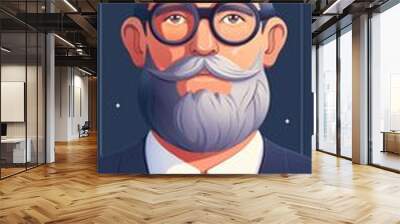 Vector illustration of an older man with glasses and a beard, dressed in a suit, set against a dark background. Wall mural