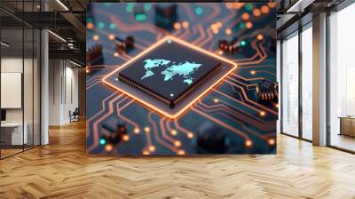 World map on a computer chip, representing global connectivity. Wall mural