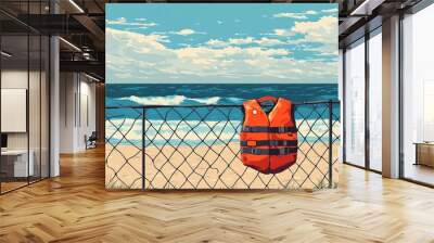 A bright orange life vest hanging on a fence by the beach, with waves crashing in the background under a blue sky. Wall mural