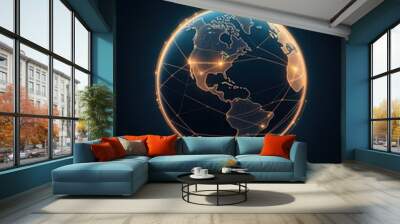 Abstract glowing blue digital world globe illustration on black background. Wall mural