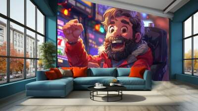 Cartoon bearded casino enthusiast surrounded by slot machine lights, jackpot victory pose Wall mural