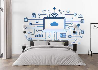 Digital network illustration depicting interconnected devices and cloud computing technology in blue with data flow symbols. Wall mural