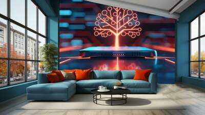 Futuristic AI technology tree icon on a digital interface, symbolizing advanced artificial intelligence and innovation in a modern tech environment. Wall mural