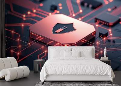 Futuristic circuit board with glowing red lights and security chip for cyber protection and technology innovation. Wall mural