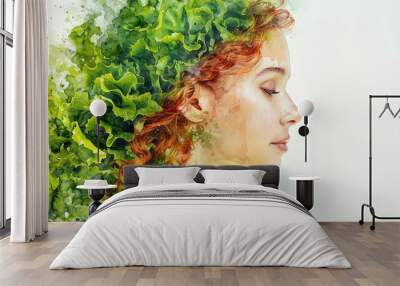 Girl with a lettuce leaf, vibrant watercolor style, isolated on white Wall mural