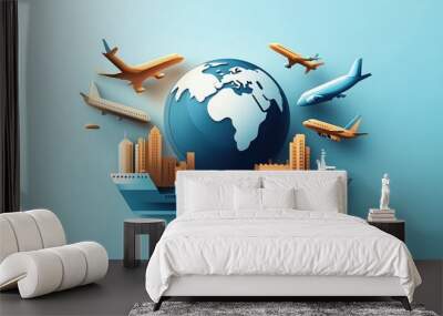 Global shipping concept with cargo ship and airplanes flying around a globe. Wall mural