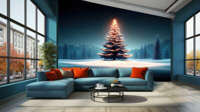 Illuminated Christmas tree in a snowy forest, glowing under a starry night sky, creating a magical winter holiday scene. Wall mural