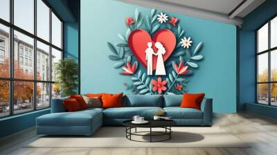 Paper cut art of a couple inside a heart surrounded by flowers, symbolizing love, marriage, and romance on a teal background. Wall mural