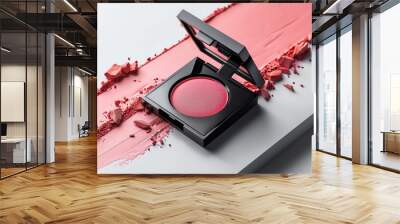 Vibrant and sophisticated blush in pristine packaging on a hygienic white background, glowing and attractive setup, ideal for beauty product advertisements Wall mural