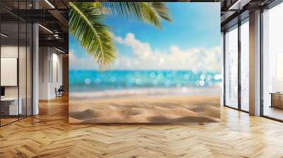 abstract seascape with palm tree tropical beach background blur bokeh light of calm sea and sky summer vacation background concept Wall mural