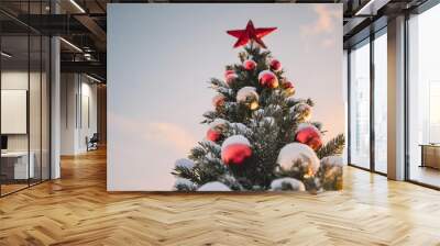 beautiful christmas tree decorated with red balls snowy christmas tree wit red star isolated Wall mural