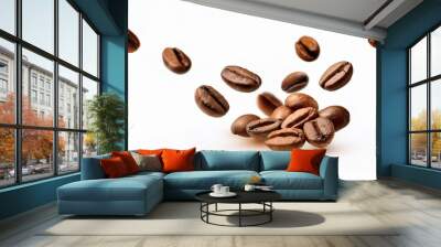 coffee beans falling in slow motion freshly roasted coffee beans on a isolated white background ideal for coffee shops cafes and beverage ads Wall mural