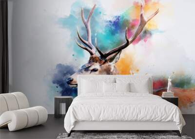 colorful watercolor design of an impressive deer Wall mural