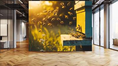 honey bees swarming and flying around their beehive in the morning Wall mural