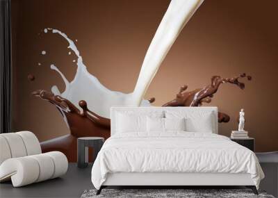 milk and chocolate liquid splash in motion on a brown background Wall mural