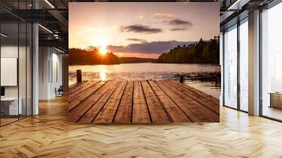 old wooden dock at the lake sunset shot Wall mural