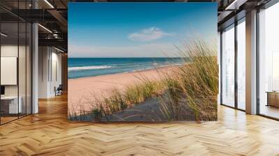 serene beach scene with dune grass and a calm ocean in the background Wall mural