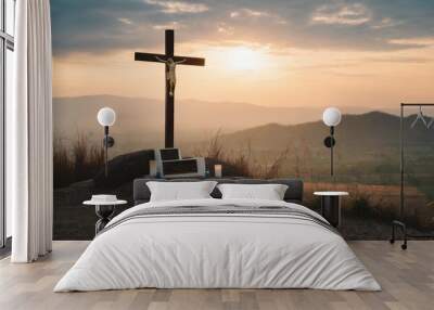 silhouette jesus christ crucifix on cross on calvary sunset background concept for good friday he is risen in easter day good friday worship in god christian praying in holy spirit religious Wall mural