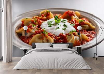 turkish manti with red pepper tomato sauce yogurt and mint plate of traditional turkish food Wall mural