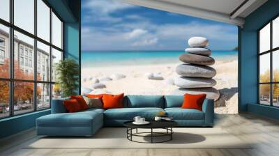 vacation relax summer holiday travel tropical ocean sea panorama landscape close up of stack of round pebbles stones on the sandy sand beach with ocean in the background Wall mural