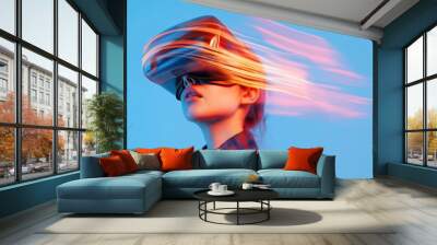 Woman wearing VR headset with neon streaks modern technology concept Wall mural