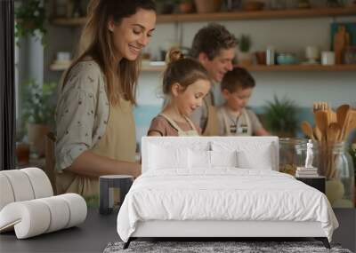 a family preparing food in a kitchen with a child in front of them Wall mural