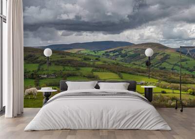 The rolling agricultural hills of mid Wales. The landscape is Talybont, on a cloudy day, with a shaft of sunlight spotlighting a small section of the countryside Wall mural