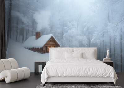 A cabin in the woods covered in snow, with smoke rising from the chimney, barely visible through the thick whiteout of the storm. Wall mural