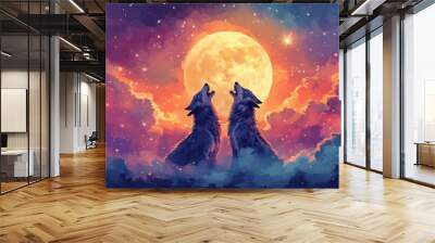 Charming watercolor werewolves howling at a full moon, with a backdrop of soft clouds and twinkling stars Wall mural