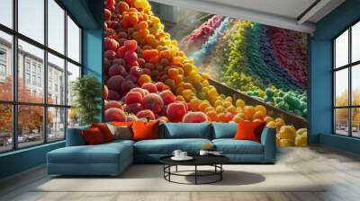 Rainbow Avalanche A giant cascade of frozen fruits in every color imaginable tumbles down a chute, destined for packaging Wall mural