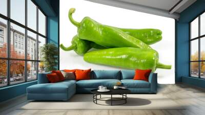 Green vegetables. Organic fresh long green peppers or green chilli horizontal isolated on white background, with clipping path. Wall mural