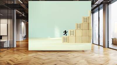 Business goal success concept. Rises up stairs to goal and achieve business success.Personal growth. Initiation for planning to reach target. Flag target aim icon on wooden cubes with grey background. Wall mural