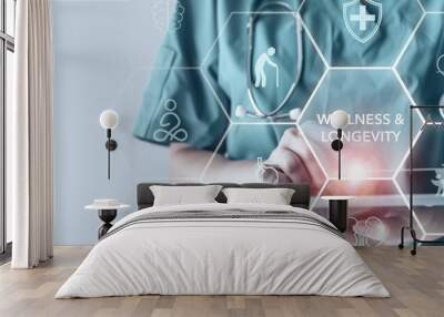 Wellness and longevity concept. A healthcare professional uses a digital tablet to access information on wellness and longevity, using technology for promoting long-term health and well-being. Wall mural