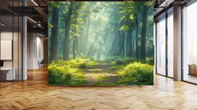 A beautiful fairytale enchanted forest with big trees and great vegetation Wall mural