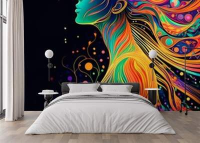 abstract The silhouette of a woman with bright colors and black background psychedelic Wall mural