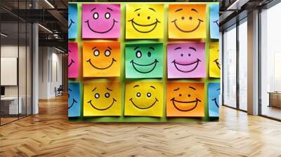 Happiness positive mind and Mental Health concept banner, happy smiling faces hand drawn on sticky notes, A set of happy face stickers, Customer testimonial and experience feedback adhesive post Wall mural