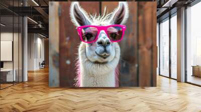 llama striking a pose in trendy sunglasses, with solid background Wall mural