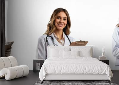 Set of Cheerful female physician with clipboard, wearing a white lab coat isolated on transparent background Wall mural