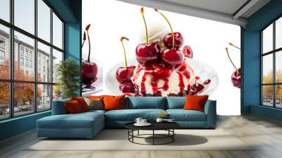 Set of Cherry Jubilee dessert with plump cherries and a scoop of vanilla ice cream isolated on transparent background  (4) Wall mural