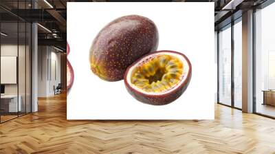 Set of whole passion fruit and a halved passion fruit showcasing the exotic seeds isolated on transparent background  (2) Wall mural