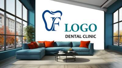 Initial Letter F with Tooth Line Art Icon for Dental Health Care and Dental Clinic, Dentistry Business Logo Idea Template Wall mural