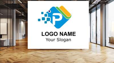 Initial P Letter and Wallet with Digital Pixel for Technology, Digital Payment, Transaction Logo Idea Wall mural