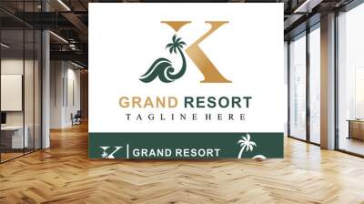 Luxury Golden Logo Idea Template with Initial Letter K, Coconut Palm Tree and Ocean Wave for Resort, Apartment, Hotel, Travel Business  Wall mural