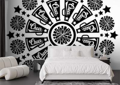 Mandala Cheer vector files. Pom poms, megafon, stars clip art. Cheerleading signs stock file. Sports decor digital downloads. Wall mural