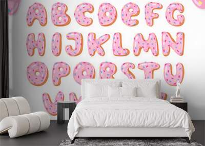 Alphabet donut vector kids alphabetical doughnuts font ABC with pink letters and glazed numbers with icing or sweet alphabetic typography for happy birthday illustration isolated on white background Wall mural